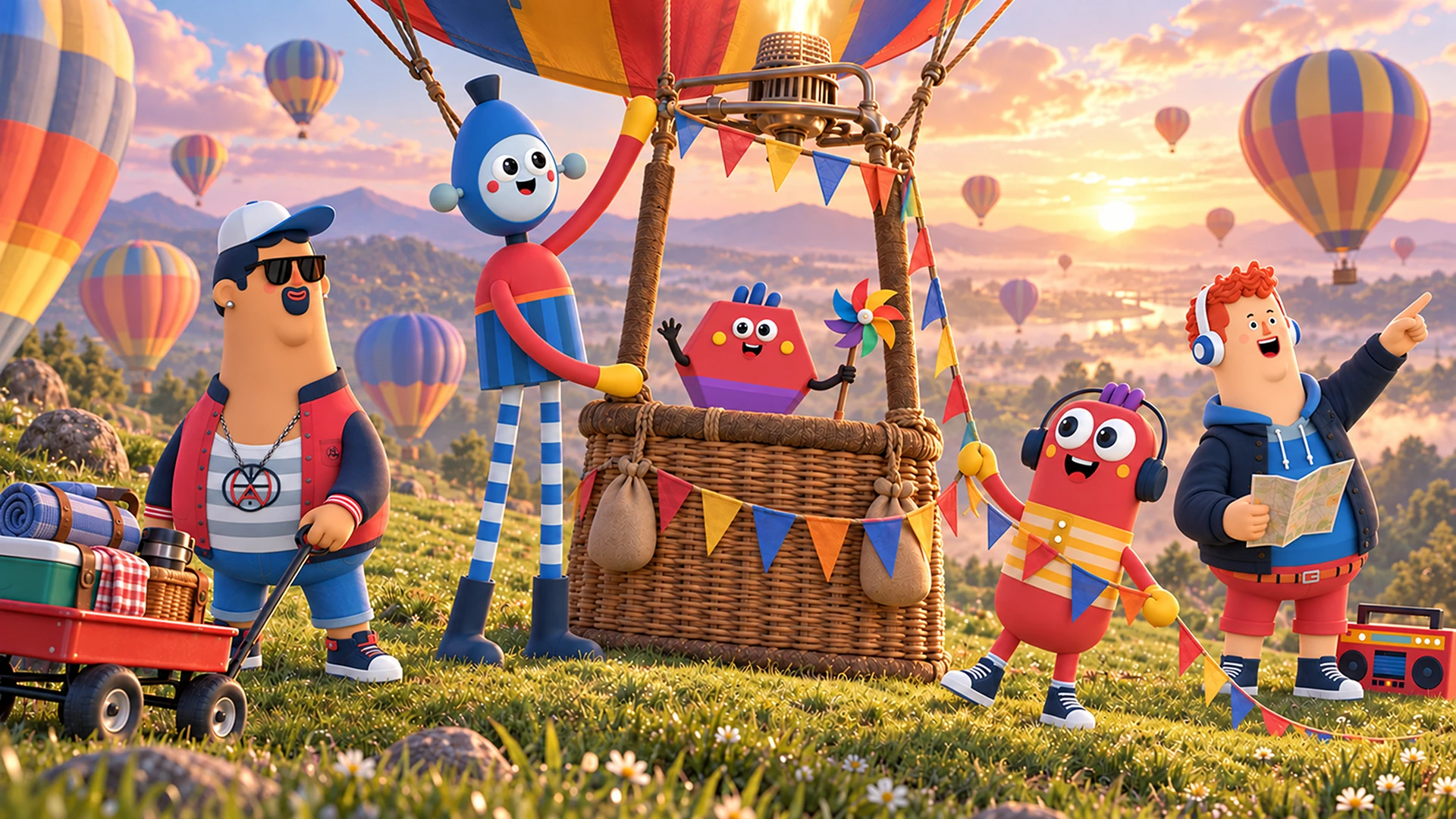 WACKIES preparing for a hot air balloon adventure at sunrise