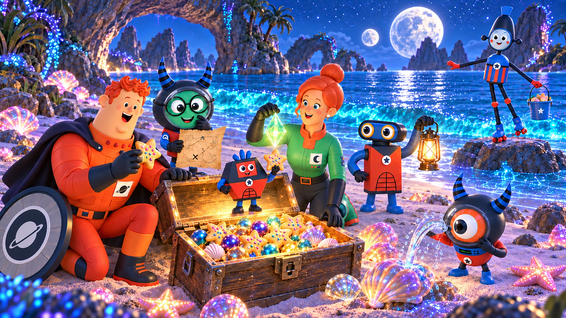 WACKIES discovering a treasure chest on a moonlit beach